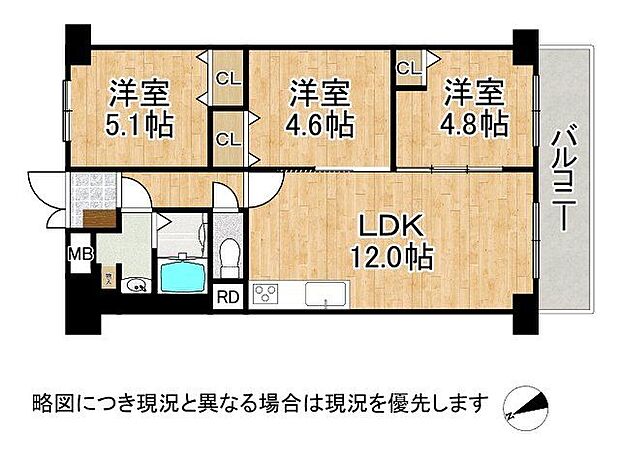 日商岩井香枦園マンション2号棟　中古マンション(3LDK) 3階の間取り図