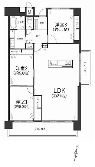 大阪マリンハイツ弐号館(3LDK) 3階/301号室の内観