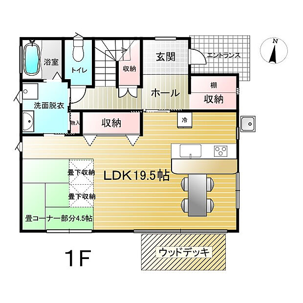 １階・69平米（20.8坪）、19.5帖ＬＤＫ（畳コーナー付）、風呂、トイレ、収納