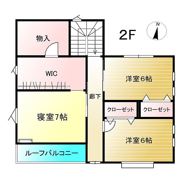 ２階・54平米（16.3坪）、7帖寝室＋WIC＋納戸×１部屋、６帖洋室×２部屋
