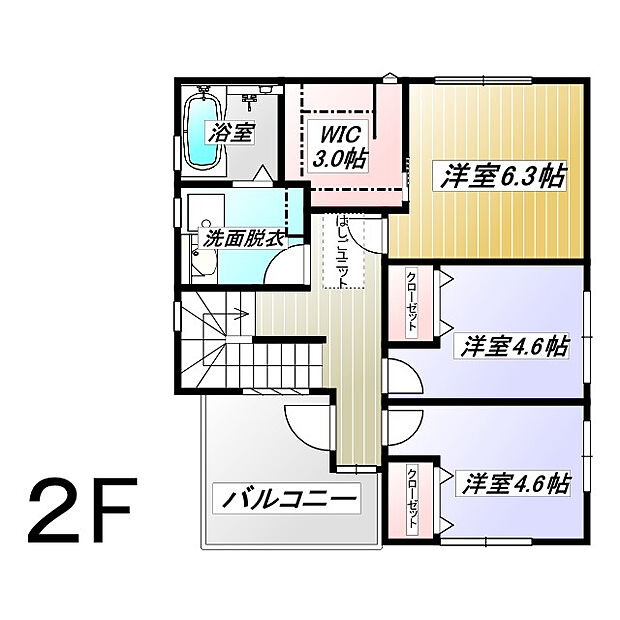 ２階　50.92平米　6.3帖主寝室　4.6帖洋室２部屋　浴室　ホール　ルーフバルコニー　屋根裏収納
