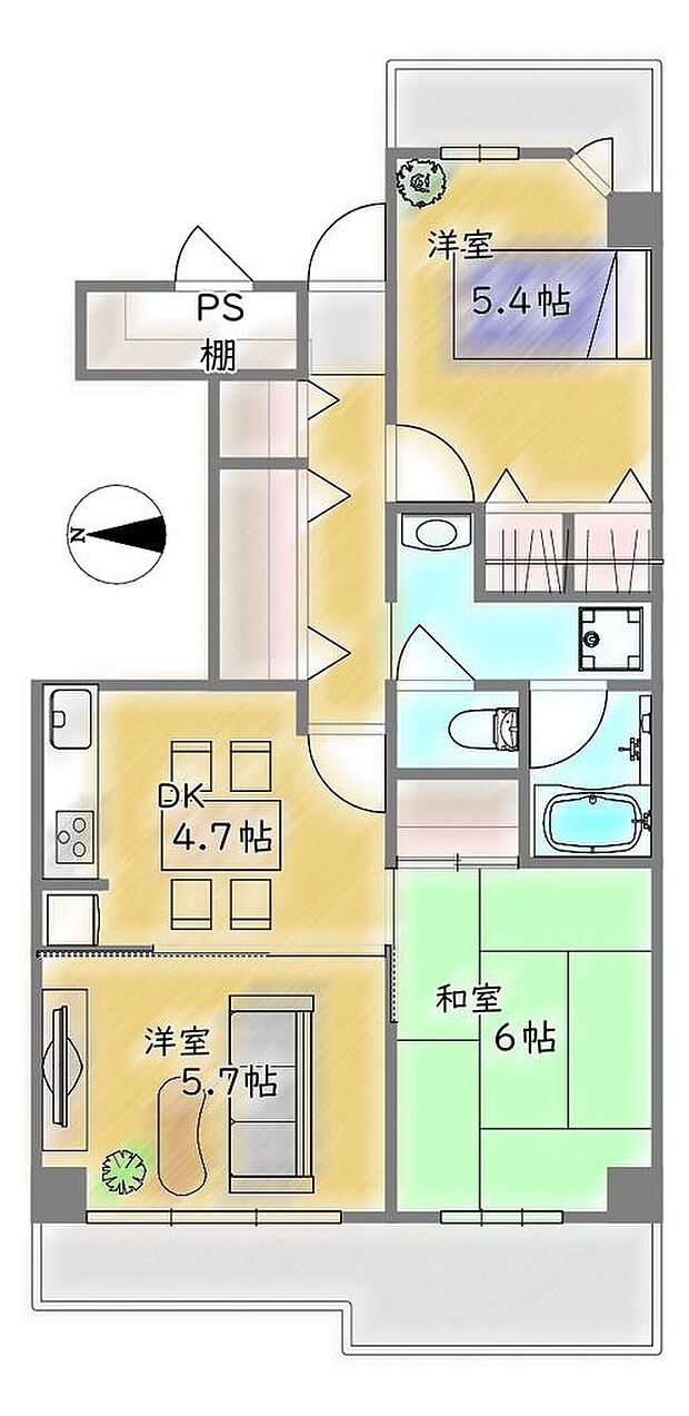 フローラハイツ太秦(3DK) 2階の間取り図