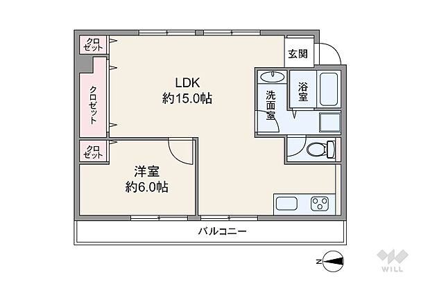 間取りは専有面積49.68平米の1LDK。バルコニー面積は12.8平米（概算）です。