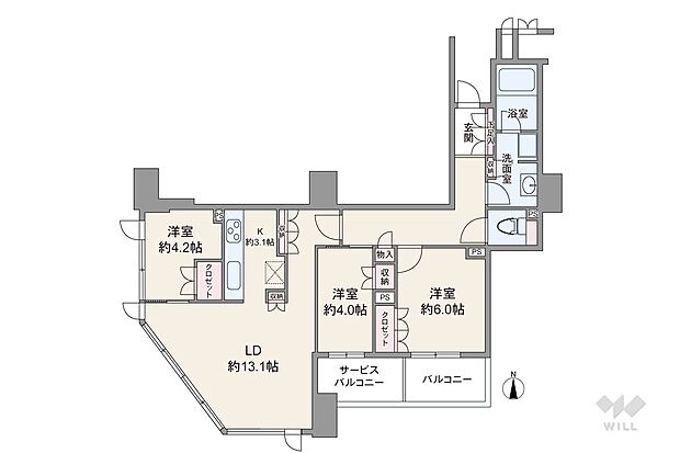 ブランズタワー大阪本町(3LDK) 25階の間取り図