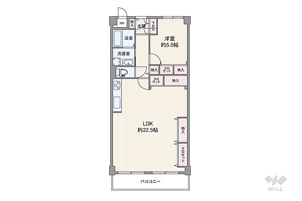 間取りは専有面積64.4平米の1LDK。広々とした約22.5帖のLDKが魅力のプラン。玄関や廊下、各居室に収納スペースが設けられており、部屋の中がスッキリと片付きます。バルコニー面積は7.00平米です