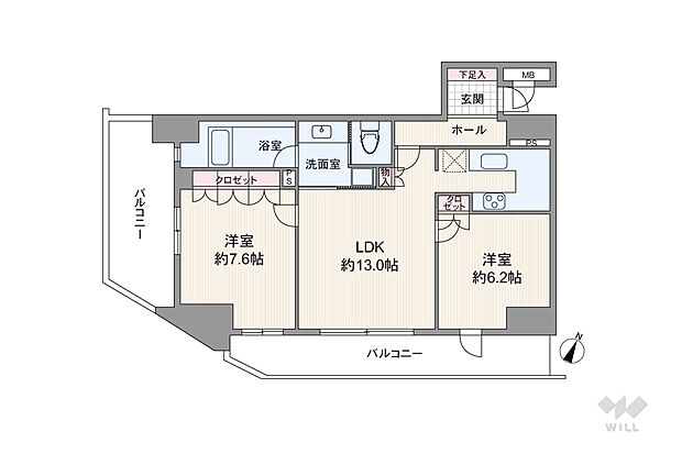 間取りは専有面積62.11平米の2LDK。LDKを含む全居室が二面のバルコニーに面した、大変開放感のあるプラン。廊下部分が短く、居室スペースが広く確保されています。