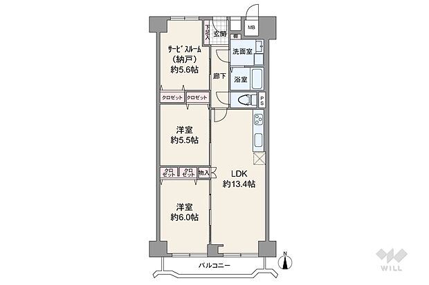 間取りは専有面積68.32平米の2SLDK。縦長のLDKと個室2部屋が続き間になったプラン。引き戸の開閉で空間を広く使ったり区切ったり出来ます。サービスルームを含む全居室に収納スペースあり。