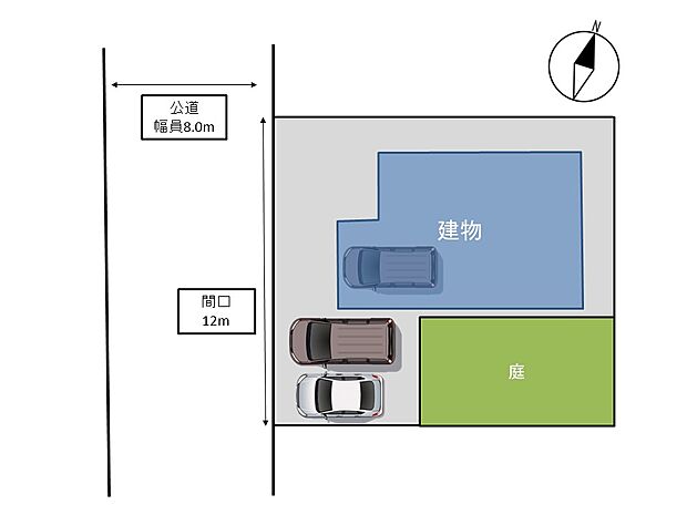 【敷地配置図】西側道路付け。車庫1台、青空駐車2台。合計3台駐車可能です。（車種によります）