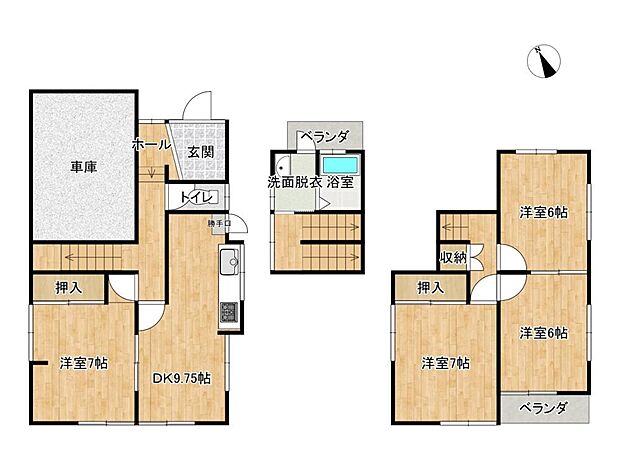 【間取図】4DK　各居室6帖以上あるので家族1人1つ部屋をもてますね。