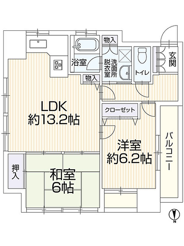 【間取り図】2LDKのマンションです。北西の角部屋です。お一人暮らしはもちろん、各部屋6帖以上ですので複数人でもご利用いただけます。