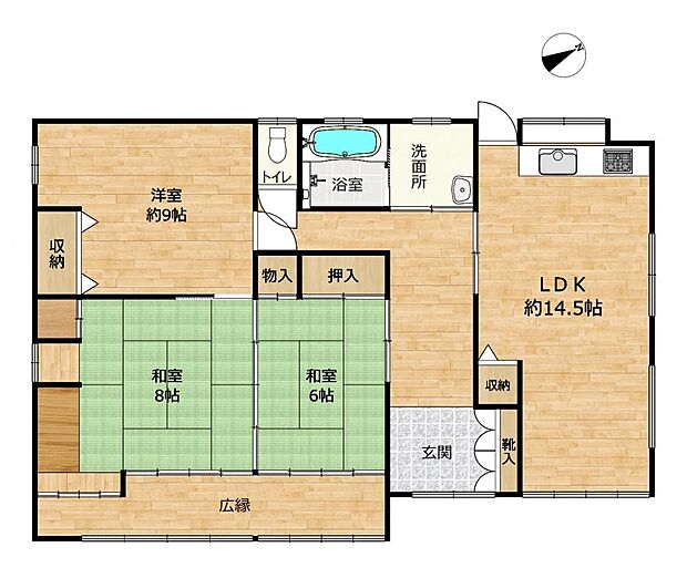 【間取り図】広縁のある和室の続き間が魅力の3LDKに間取り変更を行いました。上り下りのない平屋住宅です。
