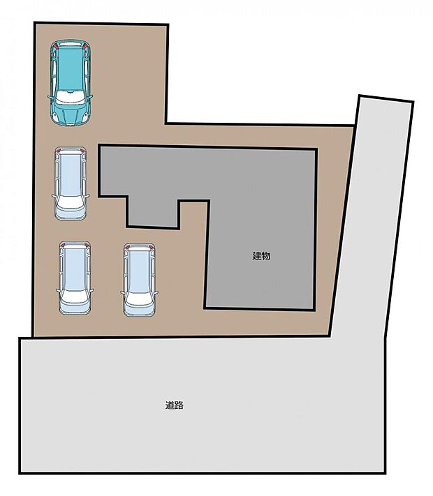 【敷地図】車は3〜4台駐車が可能です。コンクリートで舗装しているので、草刈の心配もありません。
