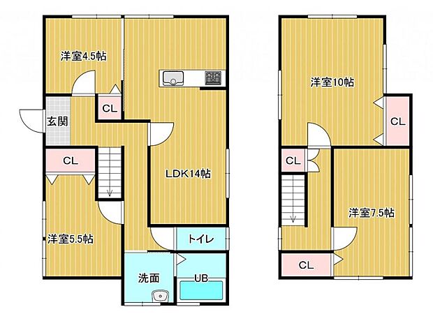 【リフォーム後間取り図】約14帖のリビングに居室が4部屋ございます。