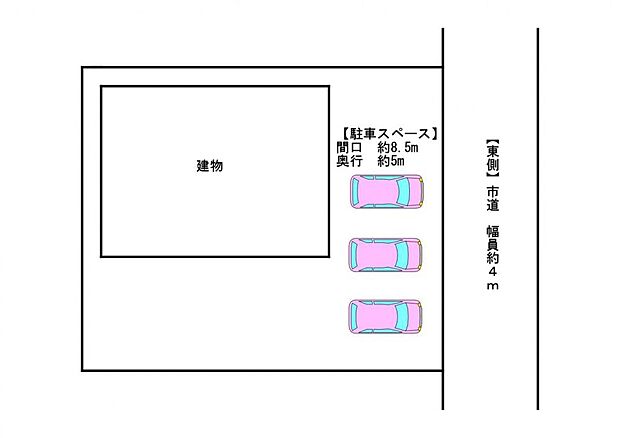 【リフォーム中/区画図/耐震補強実施】並列で計3台駐車可能です。既存のカーポートと車庫は撤去し、広々とした駐車スペースに生まれ変わります。並列3台分確保していきます。