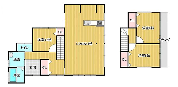 【間取り図】リビングおよそ22帖の3LDKです。1階にはリビング4.5帖洋室、2階には6帖洋室が2部屋がございます。