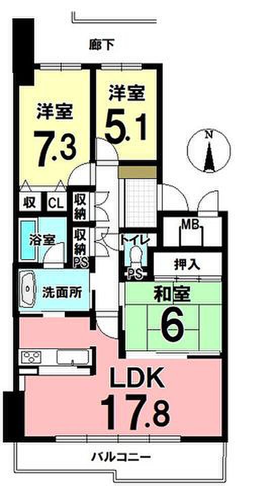中古マンション　コープ野村岩倉 壱番館(3LDK) 3階の間取り図