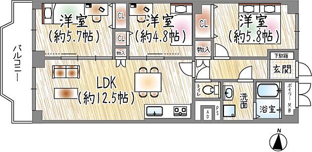 日興甲東園スカイマンション(3LDK) 2階の間取り図