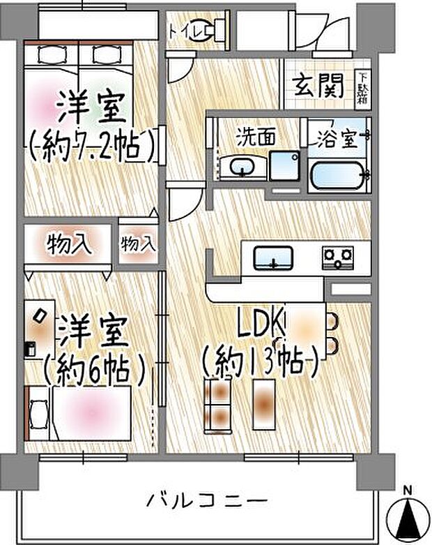 ローズコーポ豊津(2LDK) 3階の間取り図