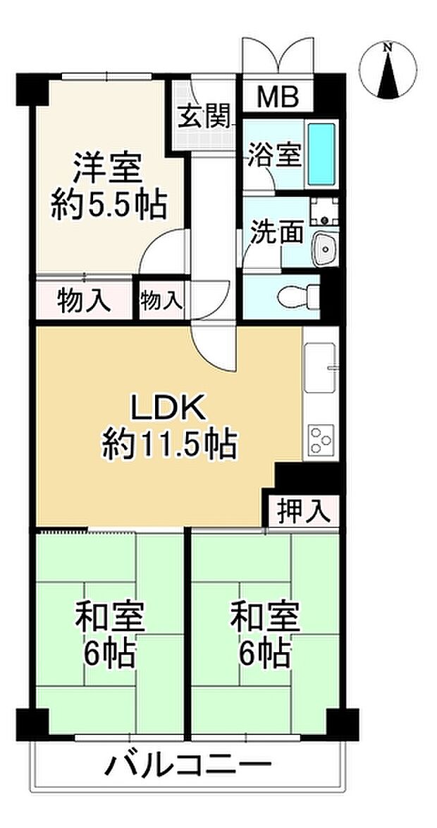 久宝寺グリーンマンション(3LDK) 6階の間取り図