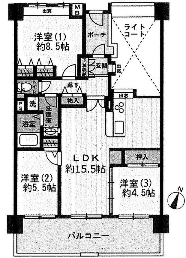 スカイハイツ祇園(3LDK) 5階/502の間取り図