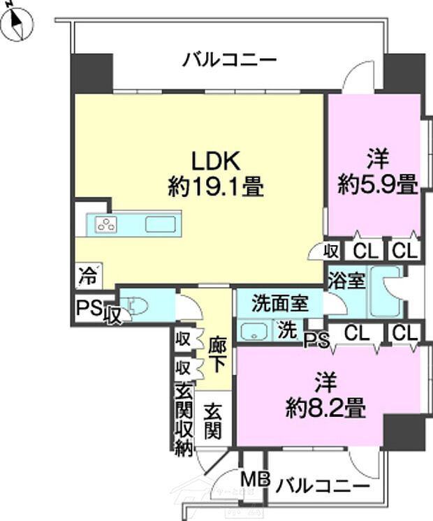 ワイズスカイヴィラアラハ(2LDK) 6階/6Fの間取り図