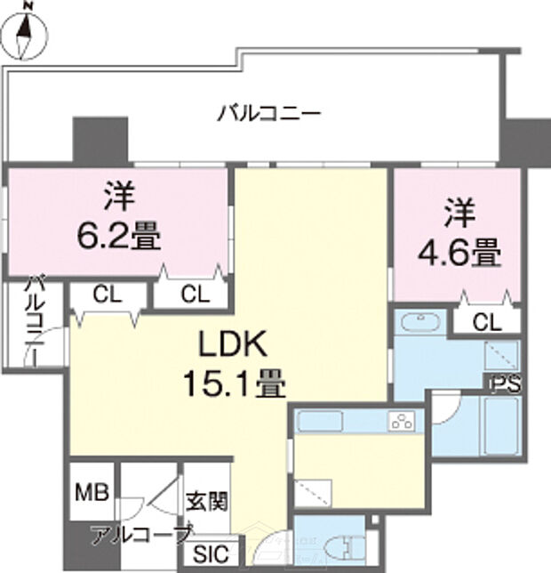 2LDK、角部屋、2面バルコニー、専有面積65.89？、2015年6月築、12階建最上階。