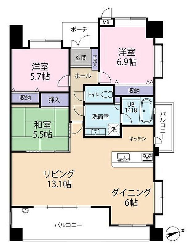フリーベル浦添宮城(3LDK) 5階/5-の間取り図