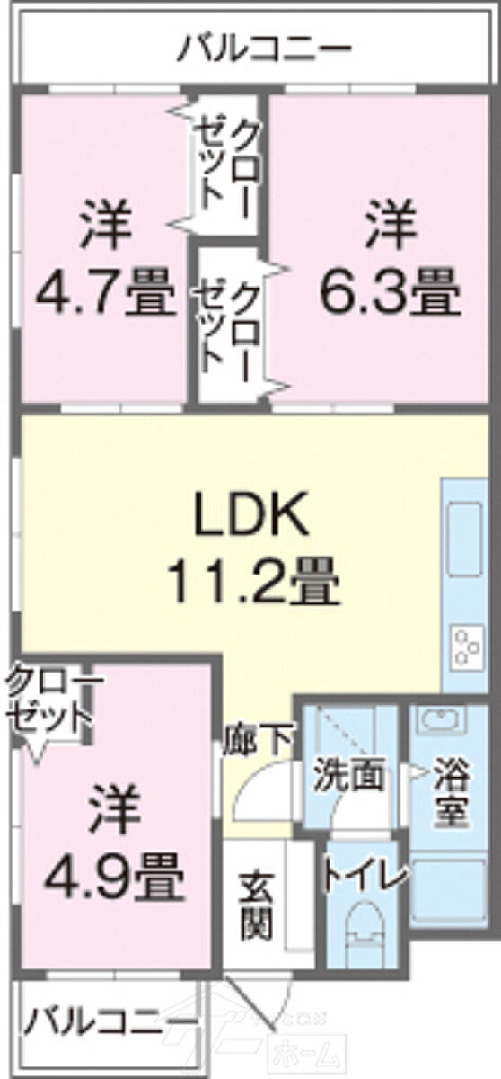 ローズマンション波之上404号室(3LDK) 4階/404の間取り図