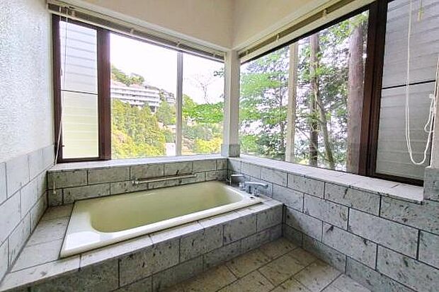 温泉引込可能な浴室　山並みを眺めながらゆっくりお過ごしいただけます