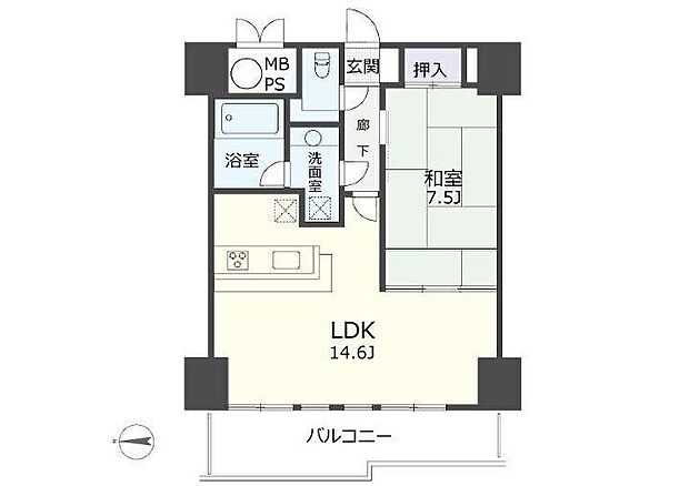 1LDK（LDK 14.6畳・和室 7.5畳）