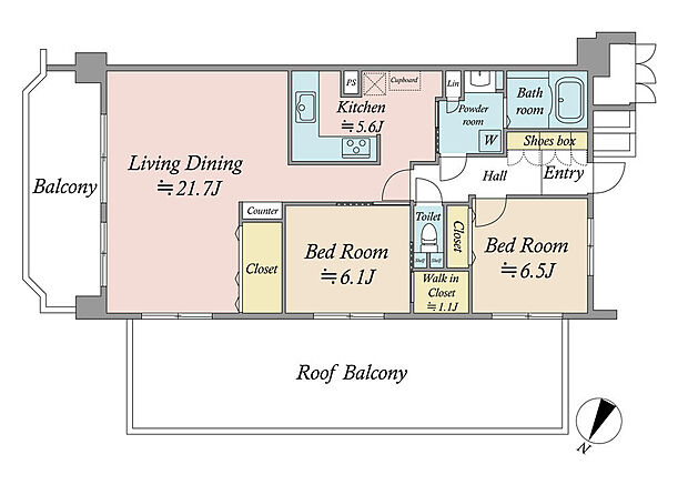 2LDK、専有面積80.66ｍ2、バルコニー面積12.1ｍ2 リビング・ダイニング２１．７帖、３２．４ｍ2の開放感あるルーフバルコニー、こだわりの最上階角部屋の住戸を是非ご覧下さい。