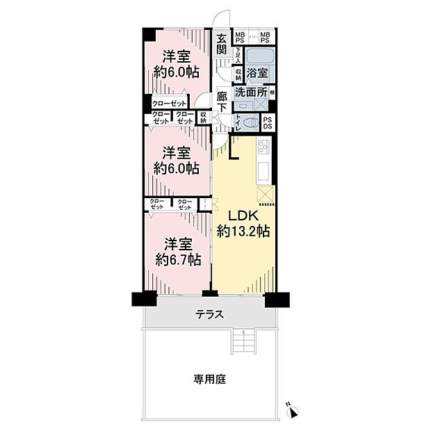 新松戸西パークハウスＦ棟(3LDK) 1階の間取り図