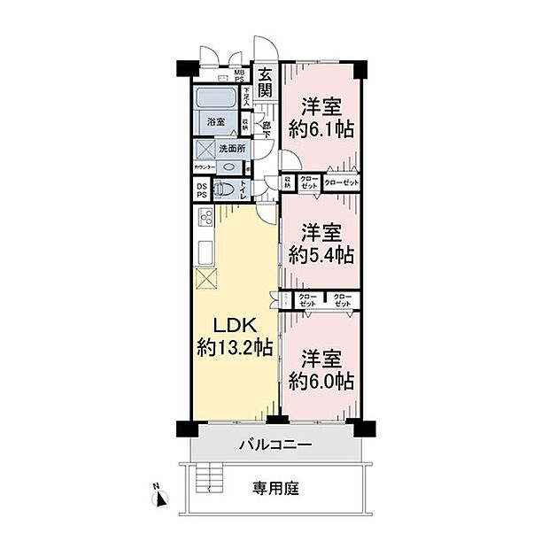 新松戸中央パークハウスＢ棟(3LDK) 1階の間取り図