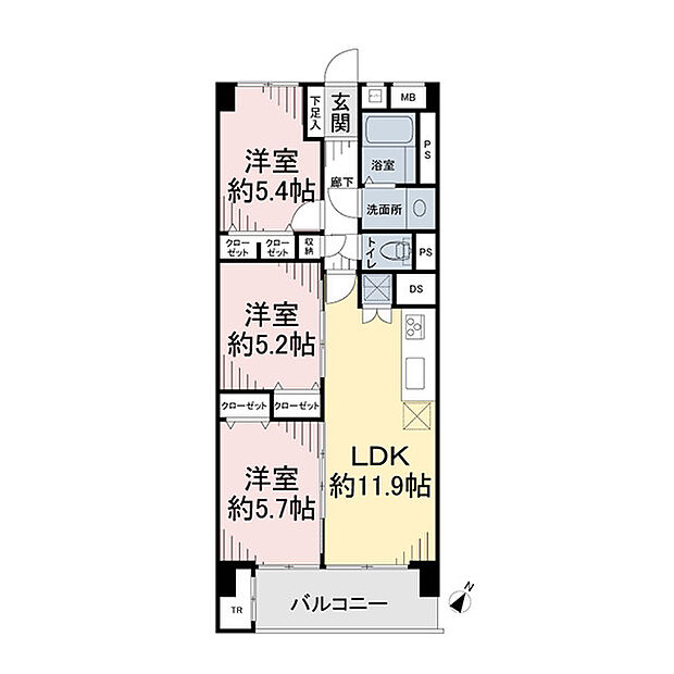 新松戸コーポＢ棟(3LDK) 3階の間取り図