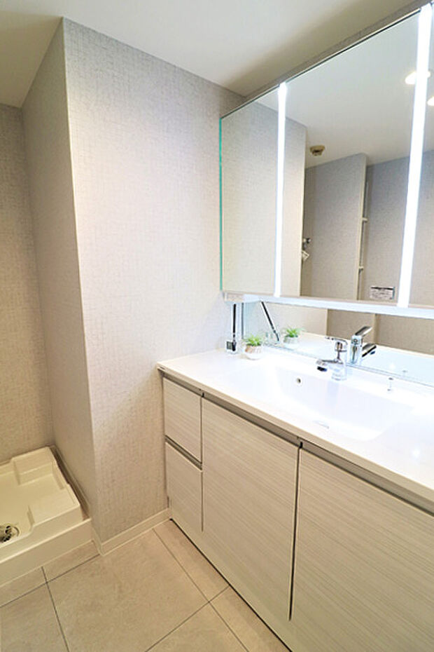洗面化粧台はリフォーム済みで、三面鏡、シャワー水栓付きで毎日の身支度に便利です。