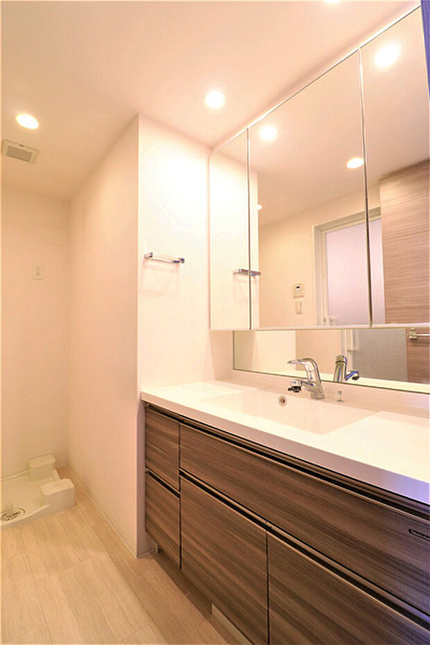 洗面化粧台は、三面鏡裏、洗面台下にも収納スペースがあり水栓周りがスッキリと片付きます。