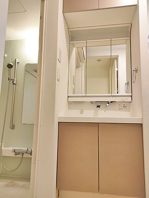 シャワー付洗面化粧台　三面鏡裏収納を採用。化粧品や小物をスッキリ収納できます。