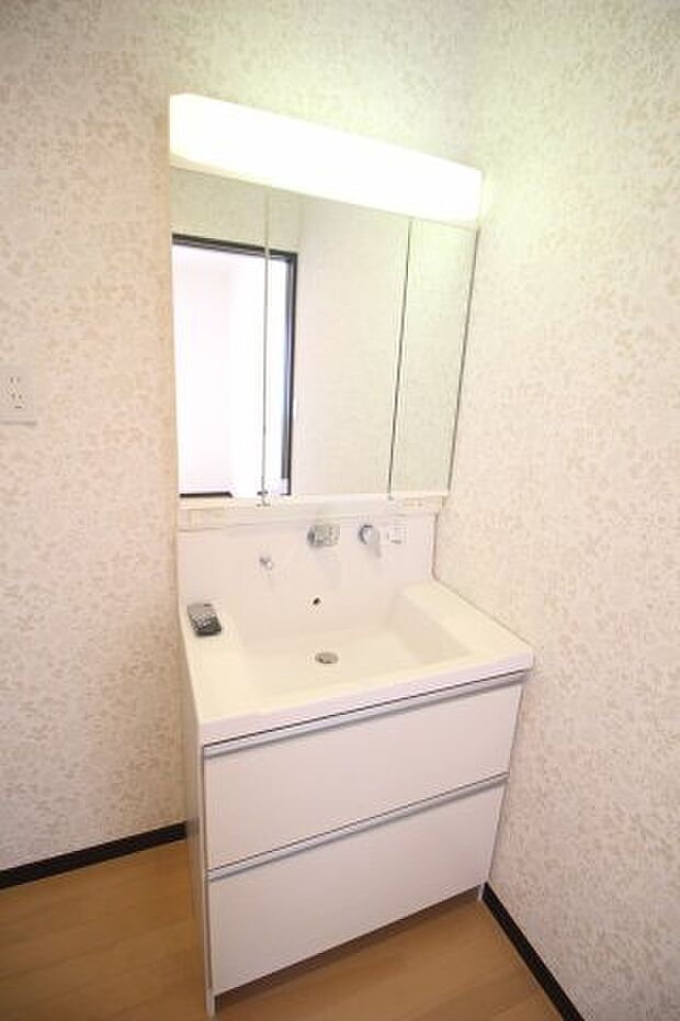 便利なハンドシャワー付きの洗面化粧台。三面鏡の裏も収納になっています