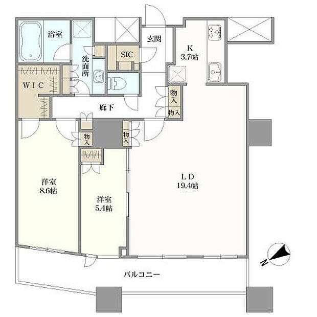 ザ・パークハウス西新宿タワー６０(2LDK) 52階の間取り図