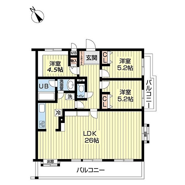 ライオンズマンション越谷大沢(3LDK) 2階の間取り図