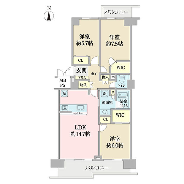 シティコープ清新16号棟(3LDK) 2階の間取り図