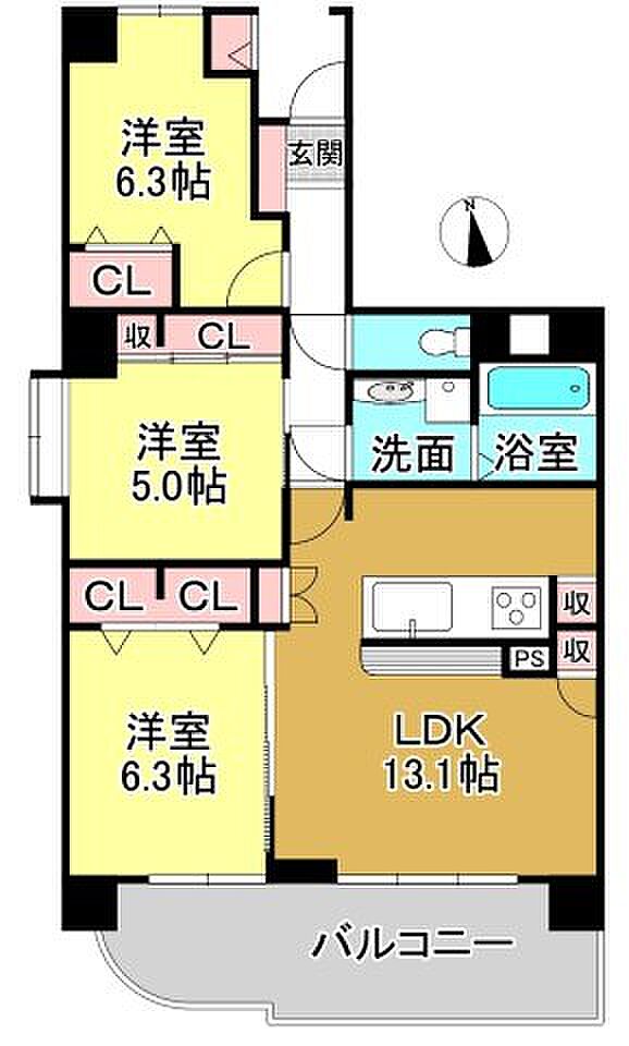 間取り　3LDK　LDK131帖　1部屋　洋室5.0帖　1部屋　洋室6.3帖　2部屋