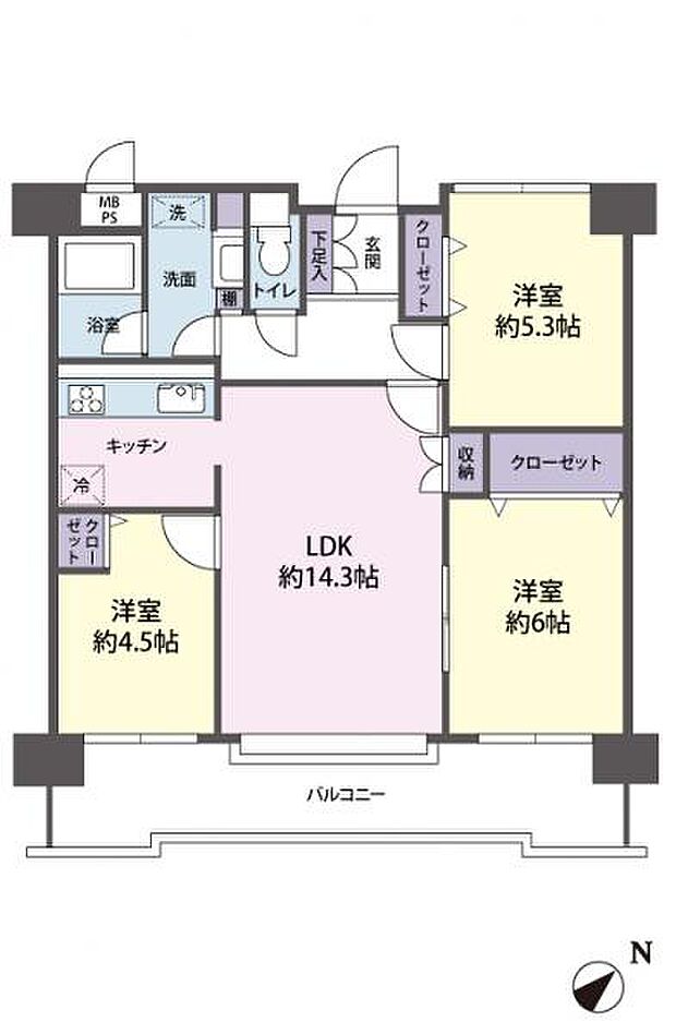 東建ニューハイツ入間II(3LDK) 6階の間取り図