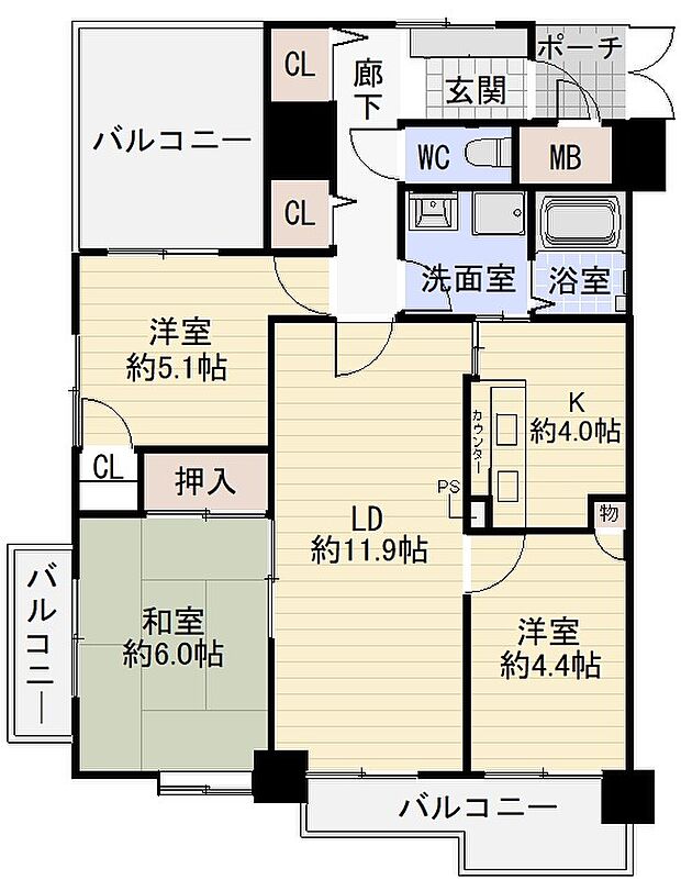グリーンコーポ江南(3LDK) 3階/301号室の間取り図