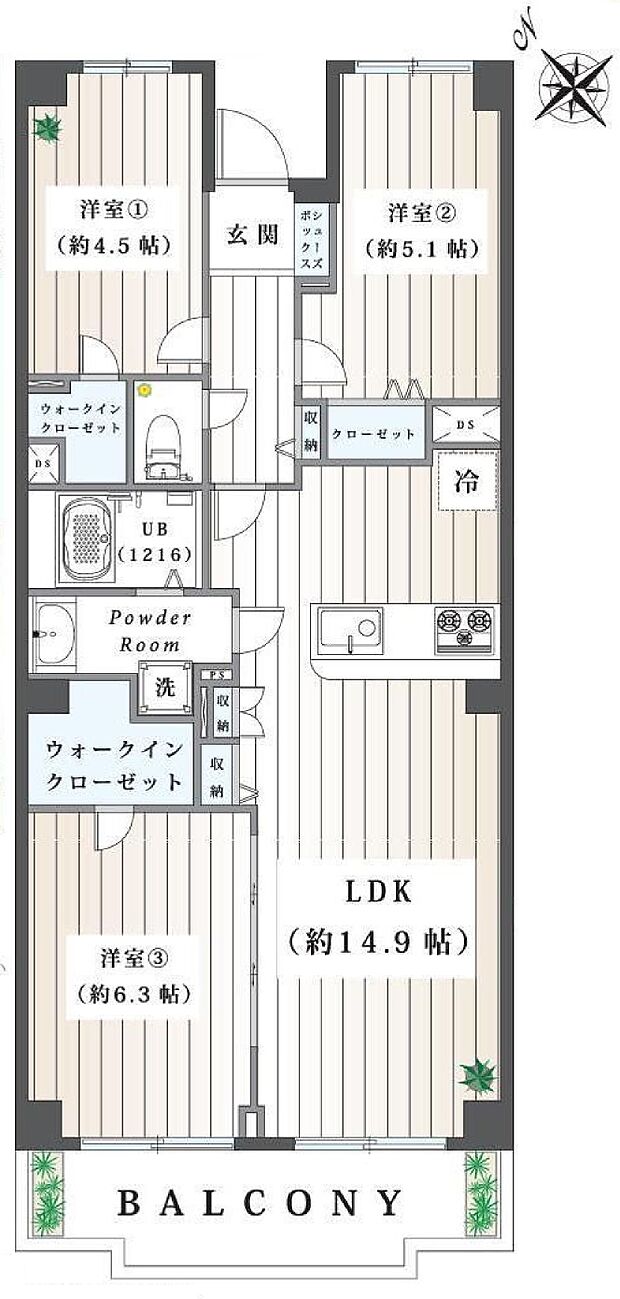 ボナハイツ中川1号棟(3LDK) 6階の間取り図