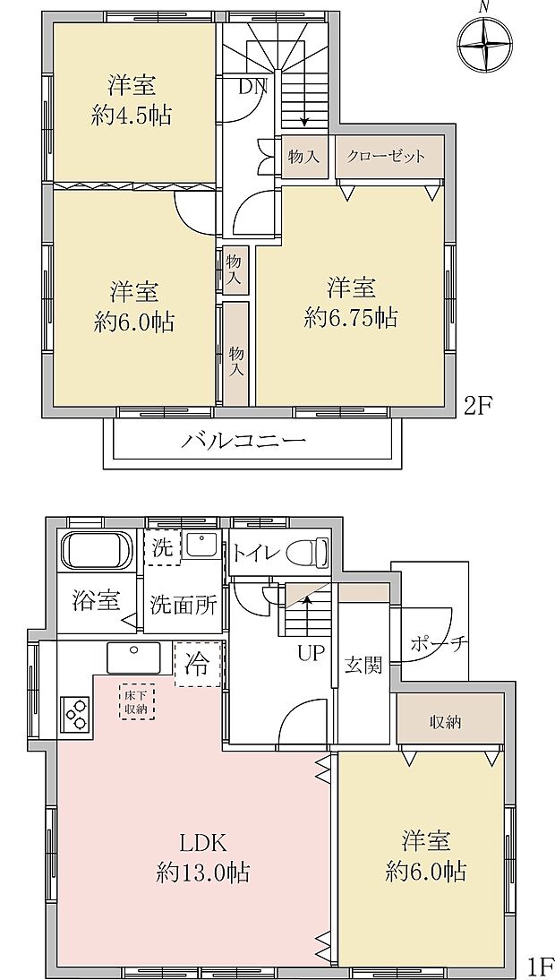 【間取】1階リビングと隣室を一つの空間として使用できます！また2階西側2室も10.5帖として広く使用できます！