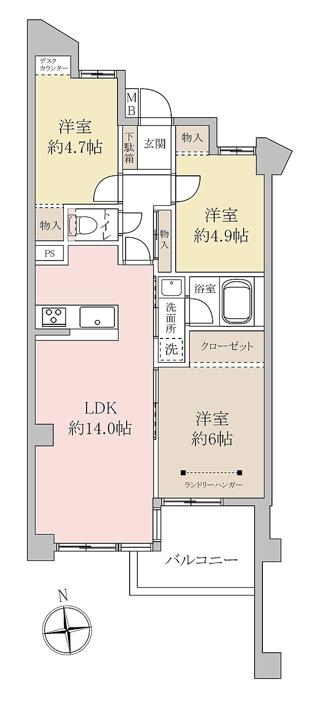 【間取図】全居室洋室、南向きで明るさに恵まれる3LDKです。水回りがコンパクトにまとまっているので、毎日の家事がスムーズになる間取りです。