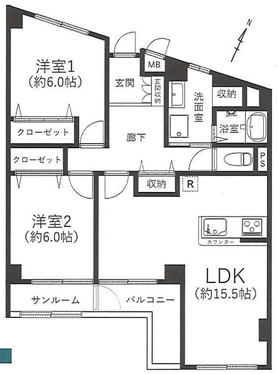 プレジール鴨宮206号室(2LDK) 2階の間取り図