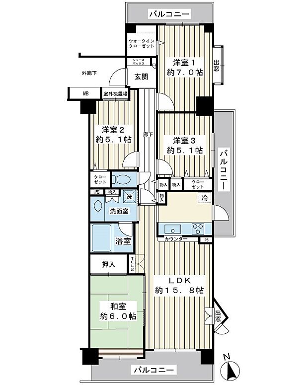 88m2超の4LDK。3階角部屋。開放的な3面バルコニー。2024年4月ハウスクリーニング実施。