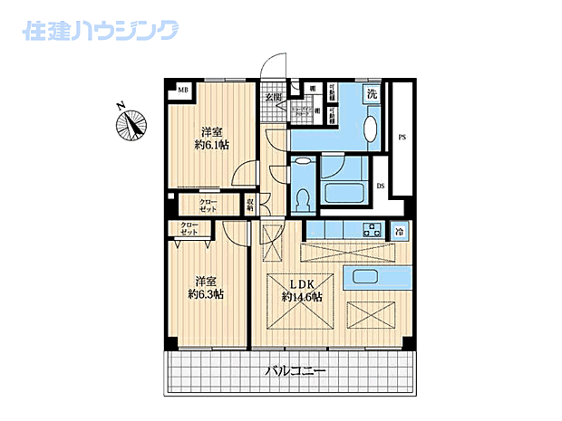 市谷台グランドマンション(2LDK) 4階の間取り図